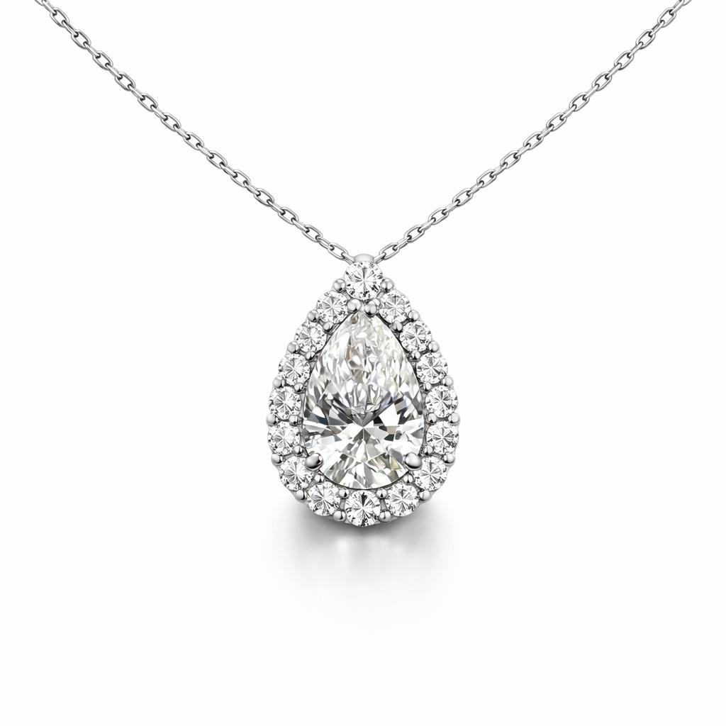 Pear-shaped diamond pendant, 1.07 ct, E/VS2, with a 0.30 ct halo in 585 white gold — a striking accent