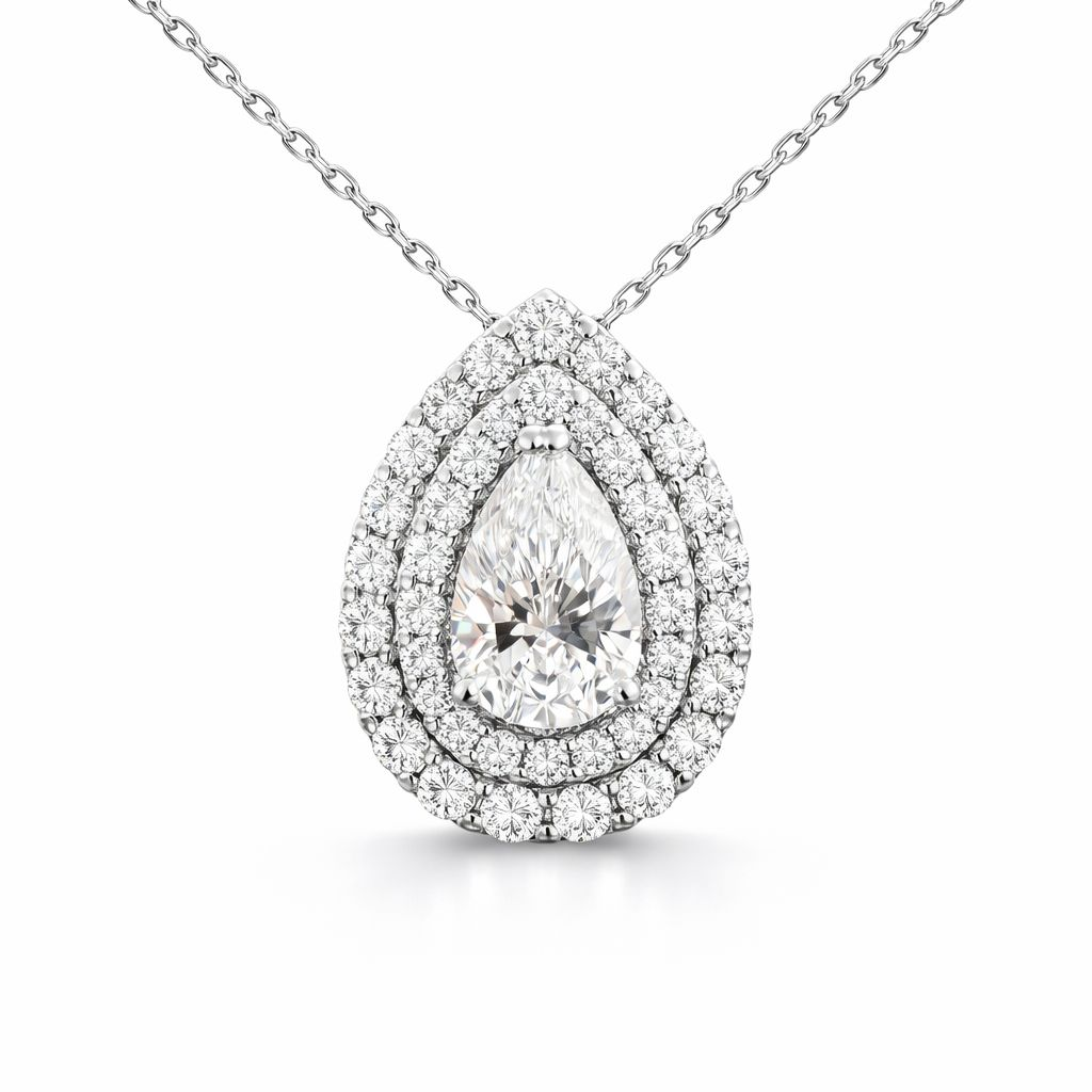 Pear-shaped diamond pendant, 1.00 ct, E/VS1, with a double halo in 585 white gold
