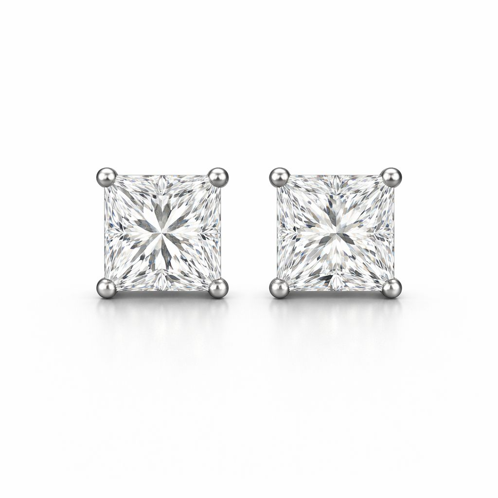 Princess-cut diamond earrings, 1.04 and 1.06 ct, E/VS, in 585 white gold — the geometry of pure brilliance