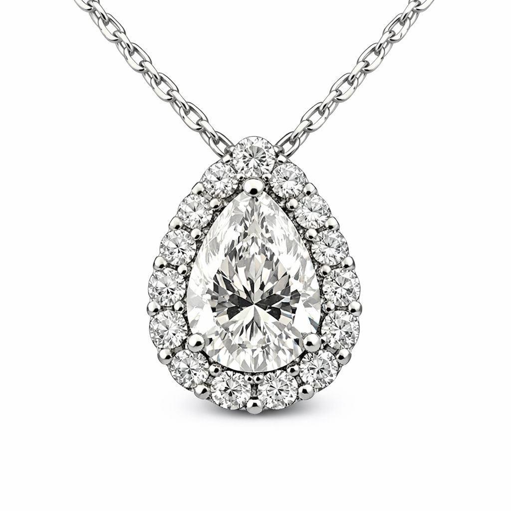 Pear-shaped diamond pendant, 0.50 ct, E/VS2, with a 0.14 ct halo in 585 white gold.
