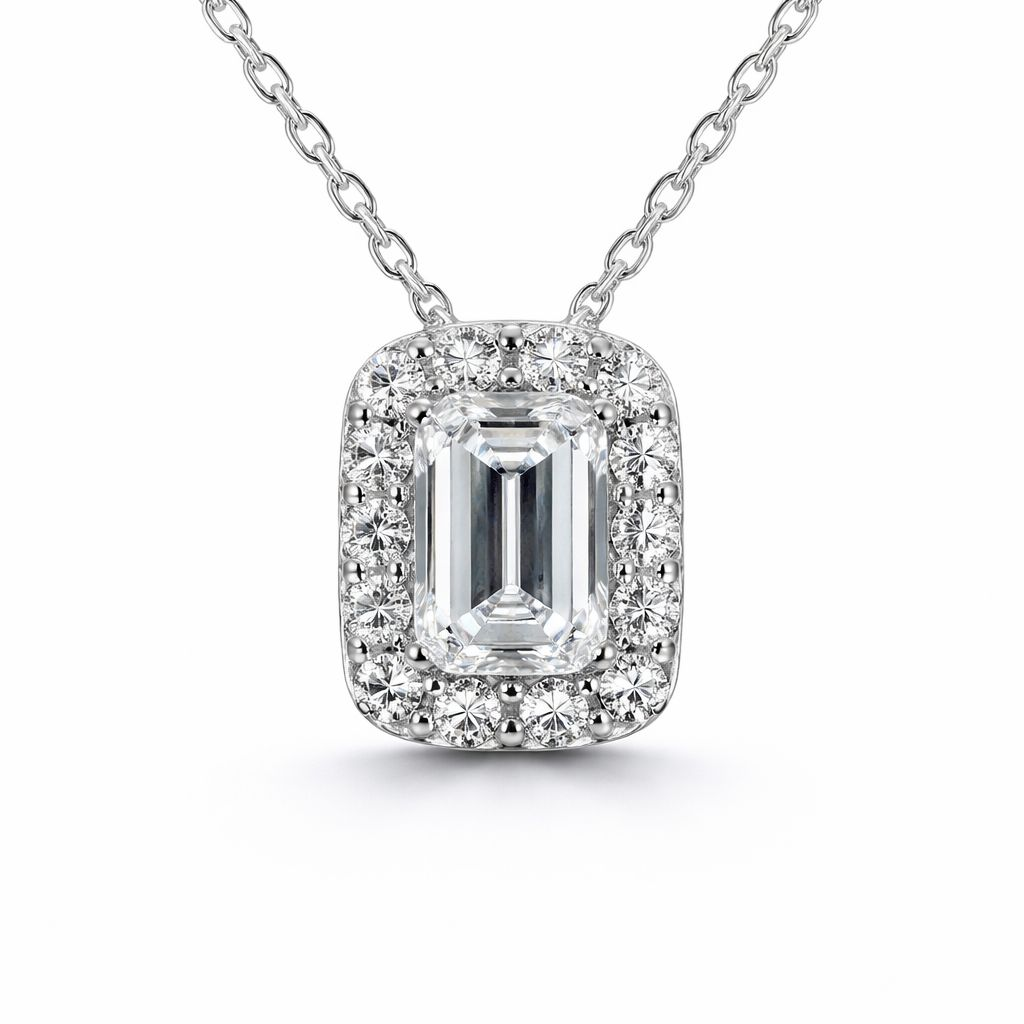 Halo pendant with an Emerald-cut diamond, 1.00 ct, E/VS2, with a 0.28 ct accent row in 585 white gold.