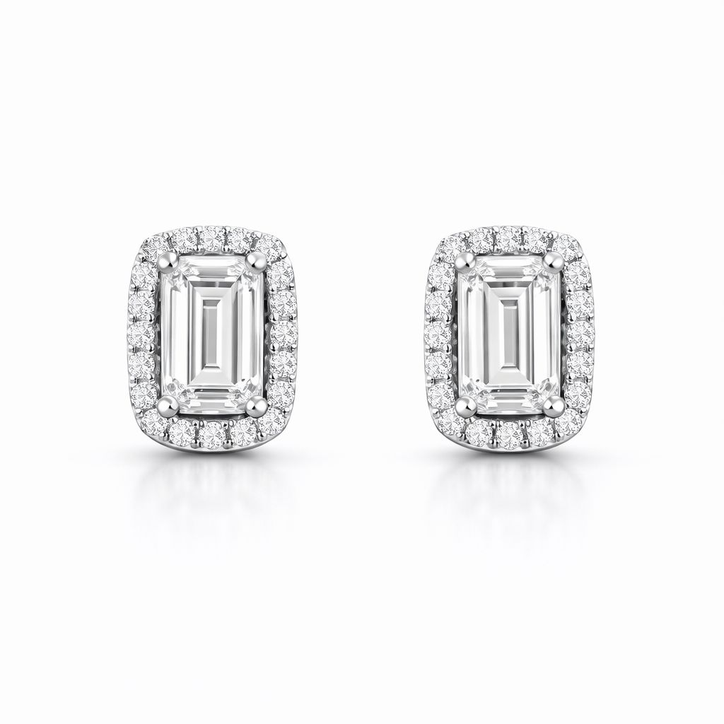 Halo earrings with Emerald-cut diamonds, 0.50 ct, with a 0.32 ct accent row in 585 white gold.