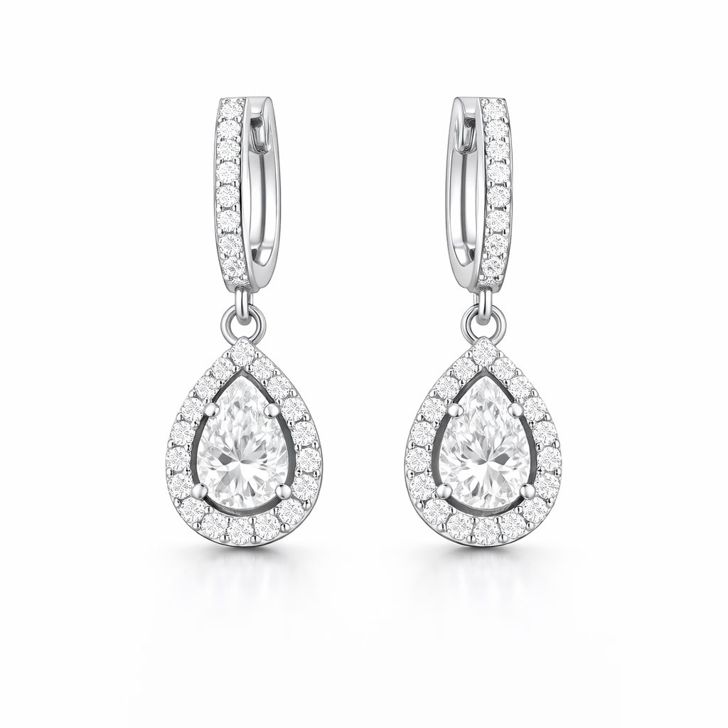 Pear-shaped diamond earrings, 0.50 ct, with a 0.72 ct halo in 585 white gold — graceful movement of light.