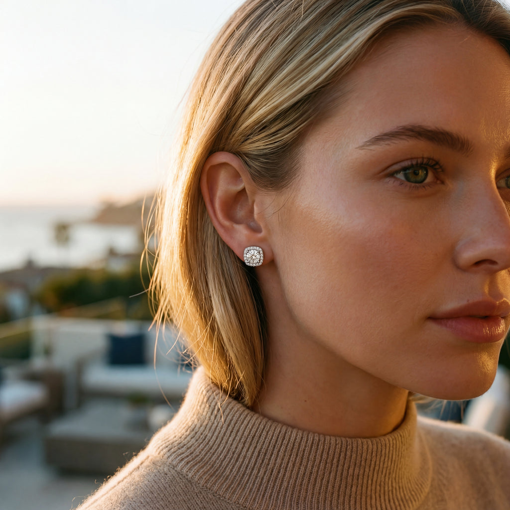 Princess Halo Diamond Stud Earrings — 0.82 CT To