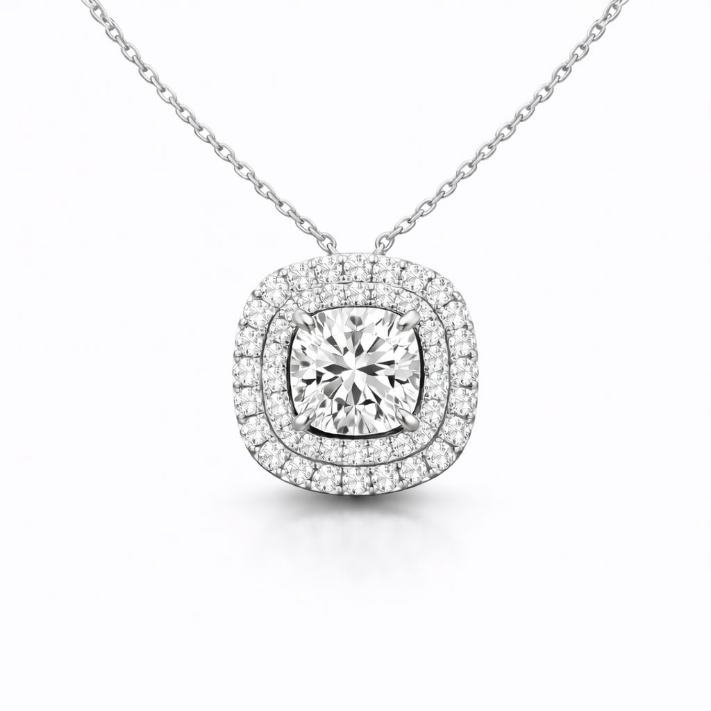 Cushion-Cut Diamond Pendant 1.00 ct E/VS1 with Double Halo in 14K White Gold
